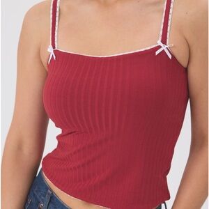 Klassy Network Red Ribbed Camisole with Lace Trim